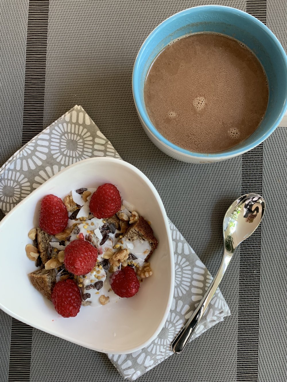 Protein hot chocolate with mushroom extract + my Loaded Yogurt Bowl = best breakfast EVER!