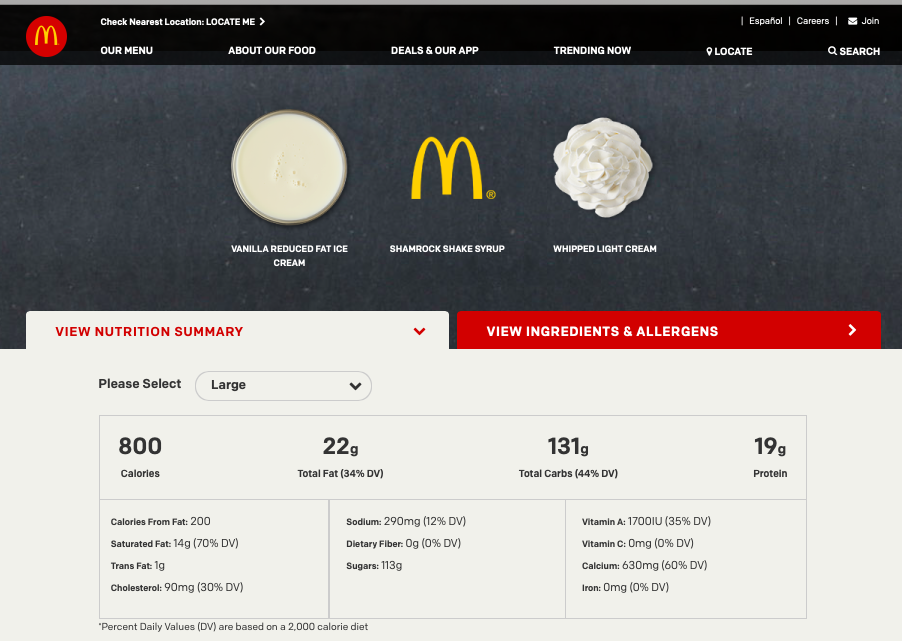McDonald’s LARGE Shamrock Shake Nutrition Summary screenshot from McDonald’s website on March 13, 2019.