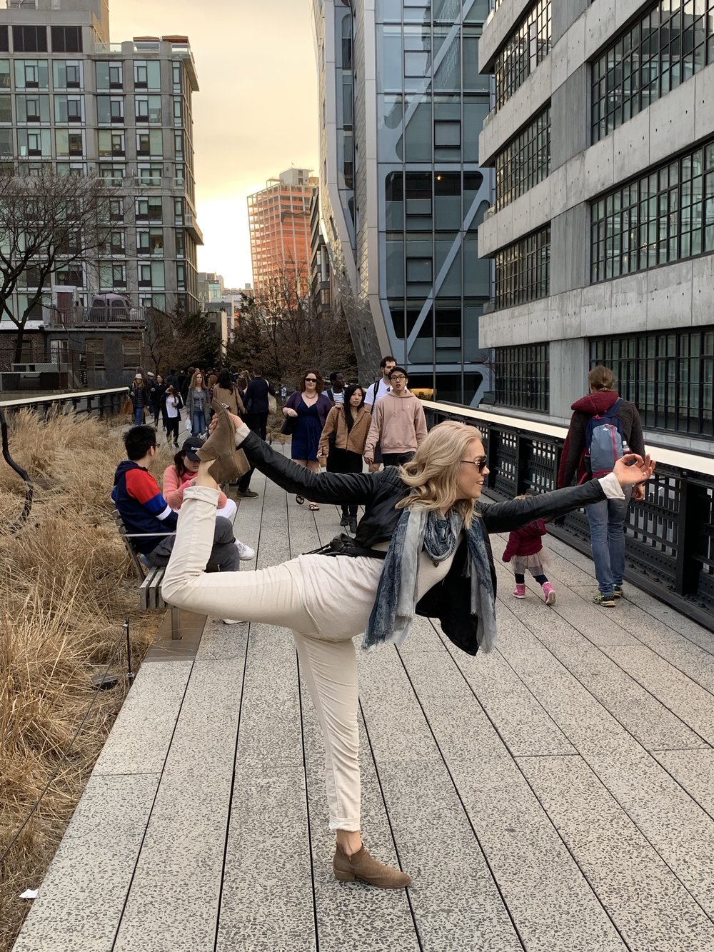 Capturing joy in my favorite yoga pose, Natarajasana, among the frenetic pace of the High Line in NYC opening weekend of Hudson Yards.