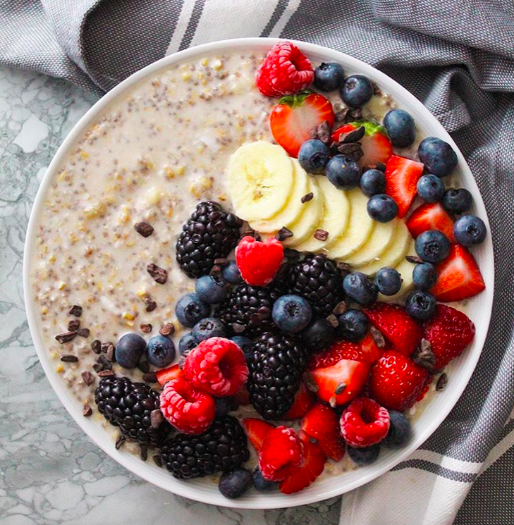 Bowl of oats + fruit can be a quick grab and go for breakfast (sneak in chia seeds for that Omega 3 brain boost!)