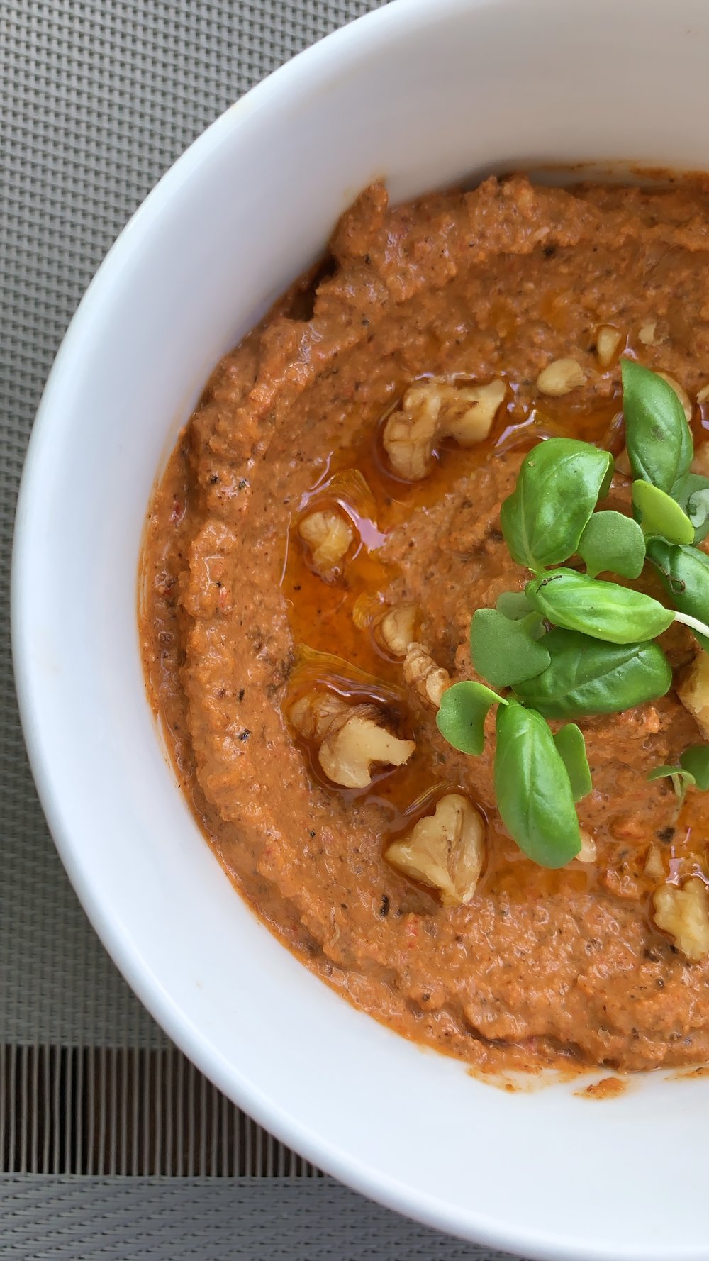 Muhammara… loaded with nutrition! Omega-3’s from walnuts + red peppers loaded in vitamin B6, vitamin C and folate.