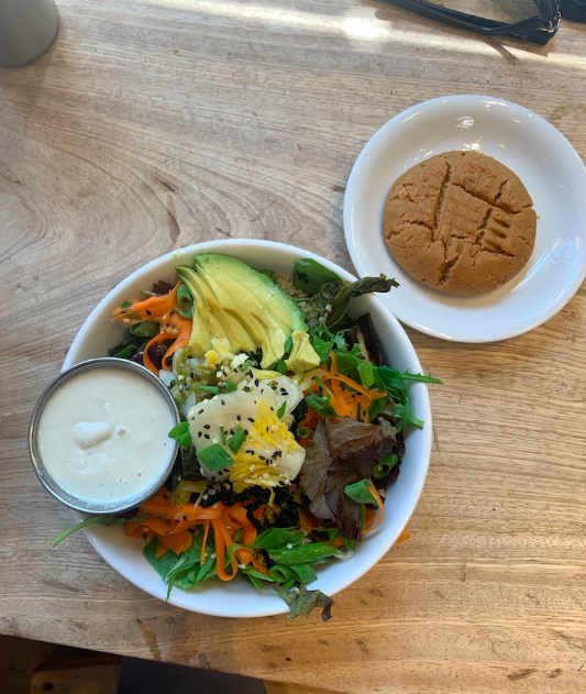 Salad + cookie = balanced lunch at Prasad in Portland, Oregon.